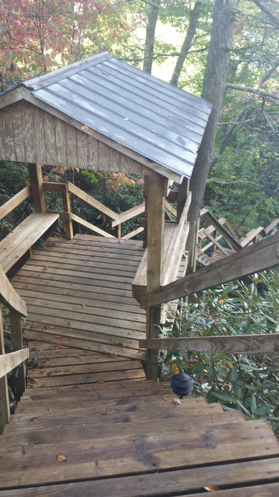 Metal roofed shelter over wooden steps on a wooded walkway — Skylight Repair & Installation work by our crew in East Ryegate